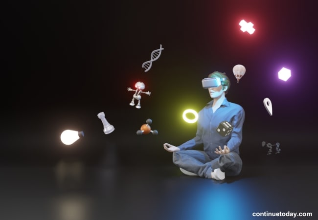 girl in metaverse with virtual glasses doing meditation 