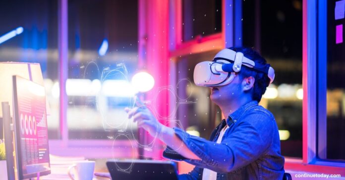 Boy wearing VR glasses and experiencing the Mixed Reality