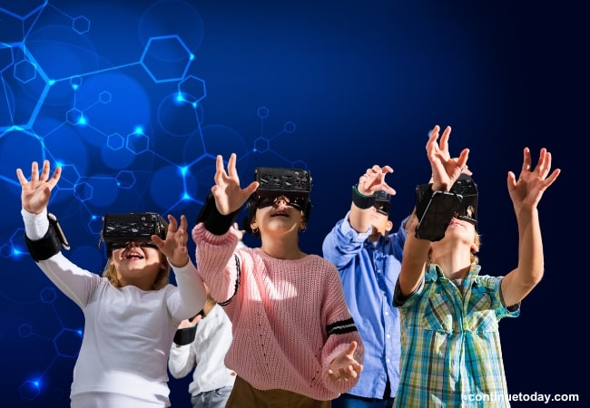 kids using virtual headsets to experience virtual world 