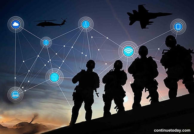 four Military man operating with IoT