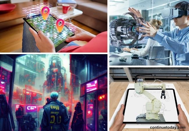 4 pictures presenting examples of AR and VR technology 