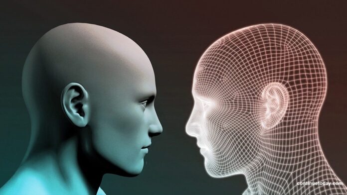 human and virtual twin looking at each other