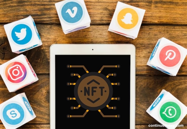 Social media account symbols roaming around tablet for NFT promotion  