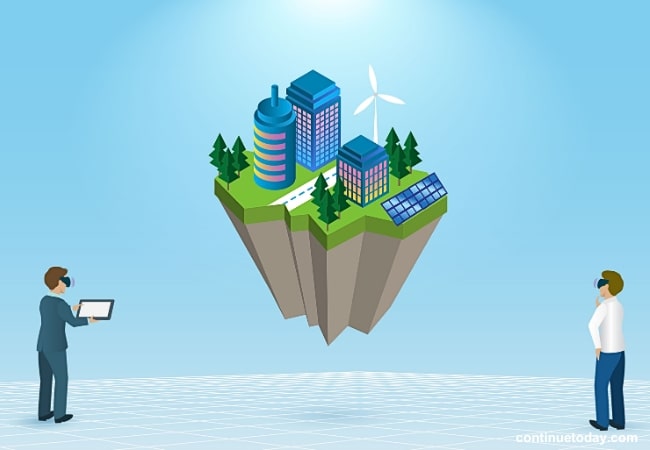 two man's avatar observing real estate in metaverse